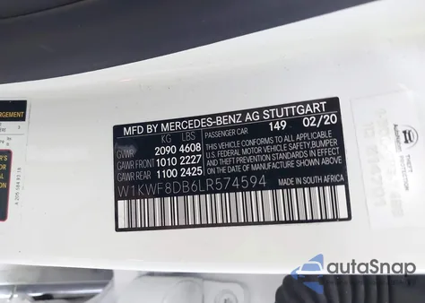 2020 Mercedes-Benz C 300 из США, поврежденный, VIN W1KWF8DB6LR574594